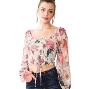 NWOT A. Peach Smocked Chiffon Floral Cropped Top Size M